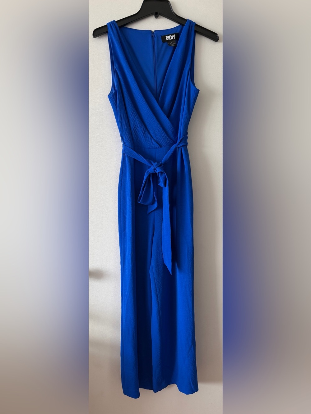 DKNY Cobalt Blue Faux Wrap Tie-Waist Wide Leg Jumpsuit Size 8 Cocktail Attire